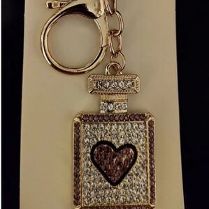 Perfume Bottle Pink Heart Rhinestones Gold Tone Keychain Bag Purse Charm New